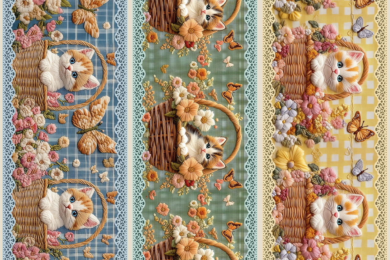 Tecido tricoline, microfibra ou gabardine estampado - Painel Barrado Gatinhos