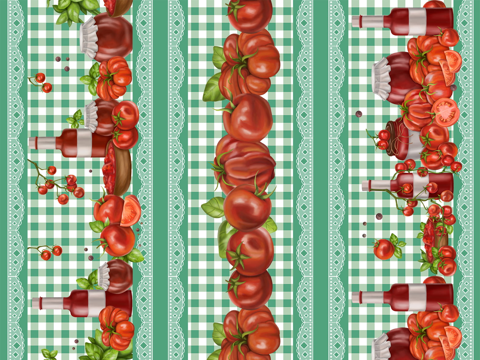 Tecido tricoline, microfibra ou gabardine estampado - Painel Barrado - Tomate - xadrez verde