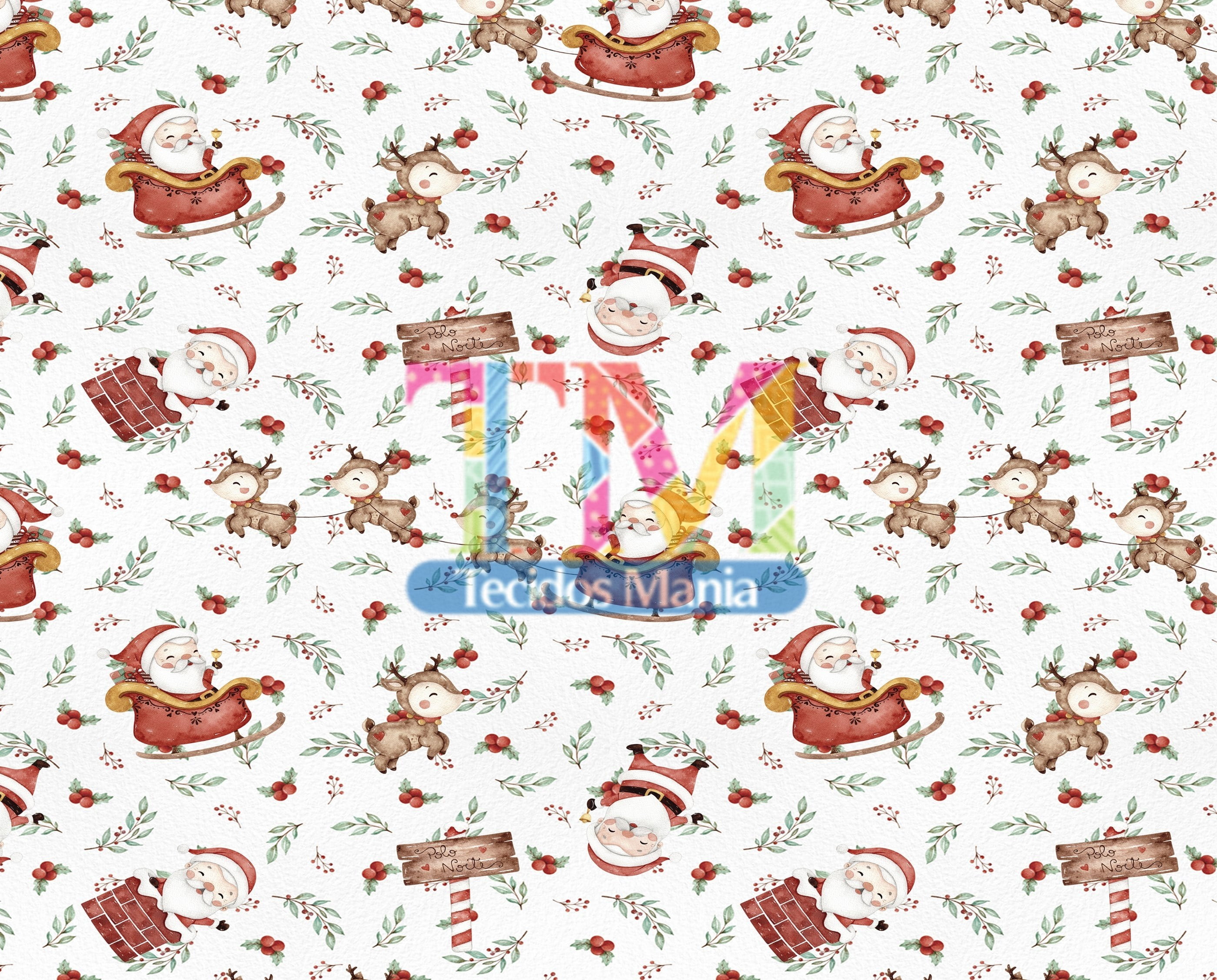 Tecido tricoline, microfibra ou gabardine estampado - Papai Noel e Renas - aquarela - fundo azevinho