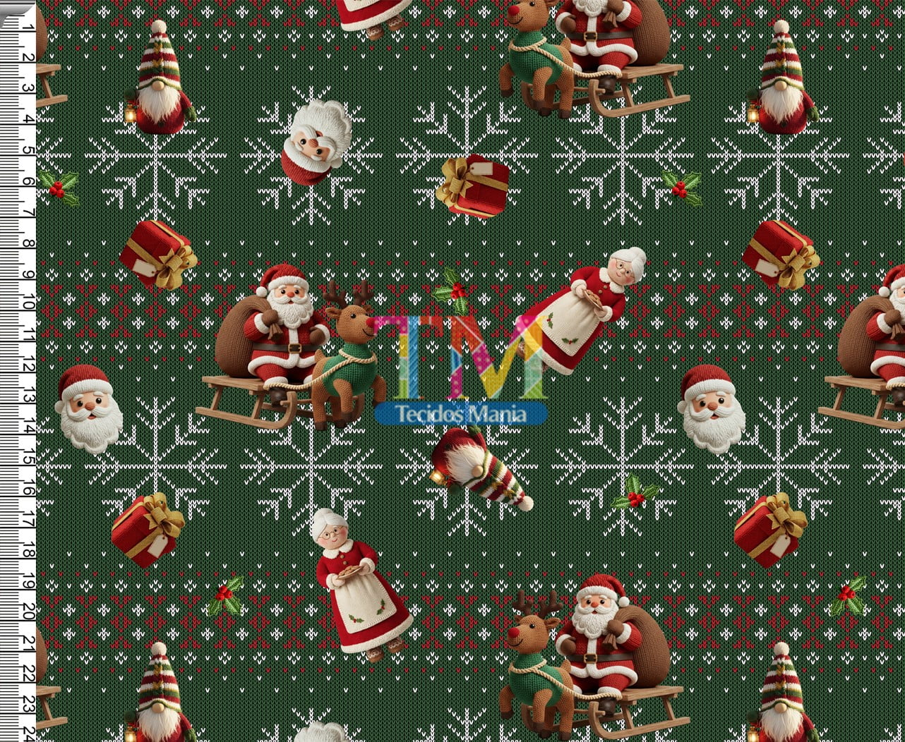 Tecido tricoline, microfibra ou gabardine estampado - Papai e Mamãe noel - Tricô - bordado - 3D