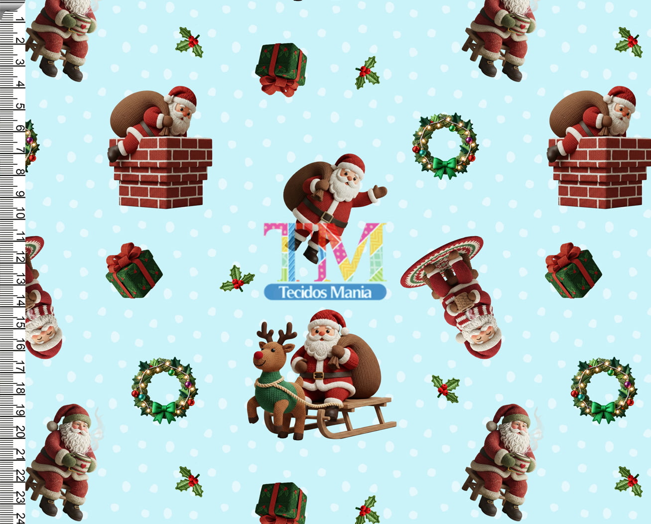 Tecido tricoline, microfibra ou gabardine estampado - Papai noel - Chaminé - Fundo azul - Bordado - 3D