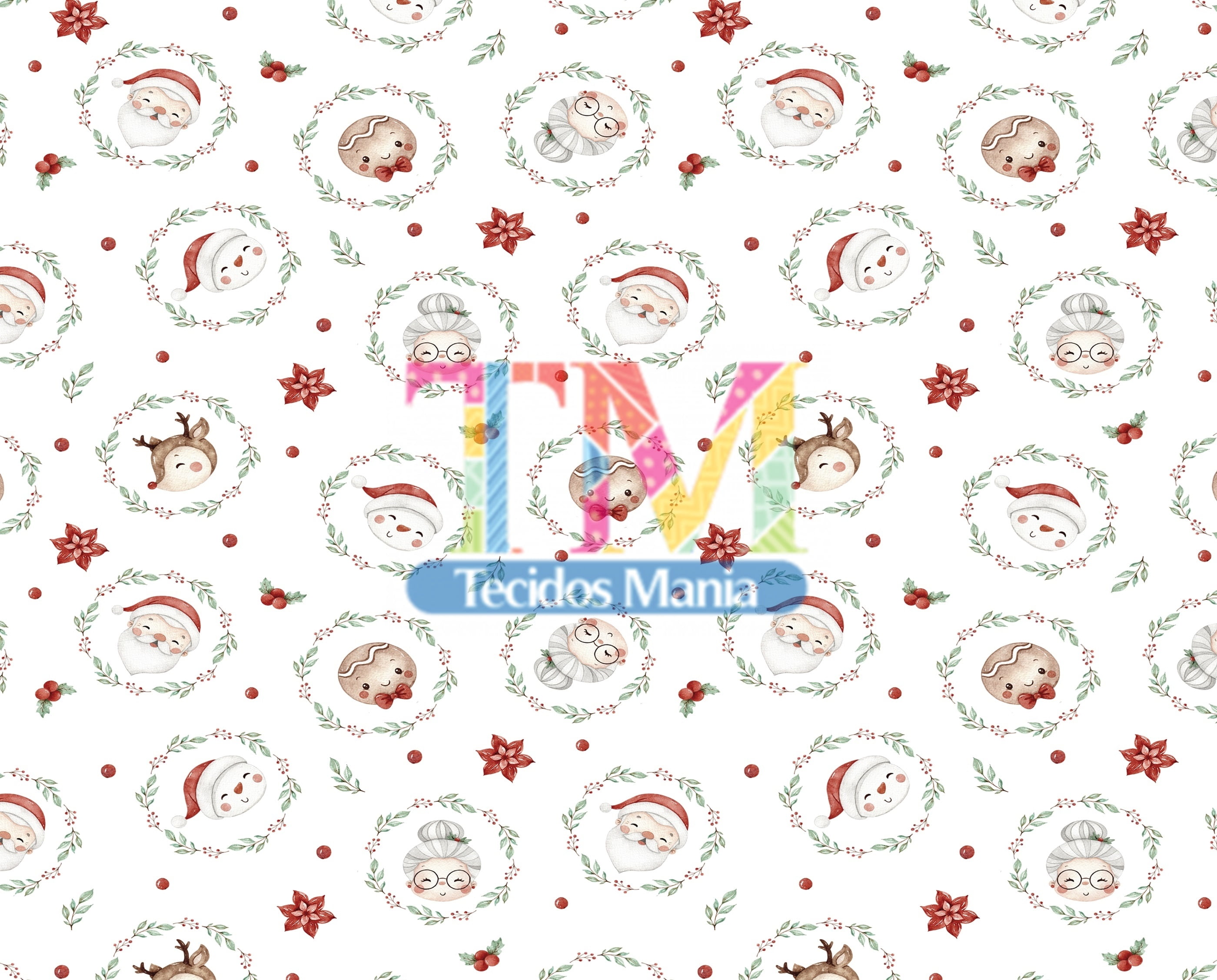 Tecido tricoline, microfibra ou gabardine estampado - Papai Noel e seus amigos - aquarela - fundo arabesco 