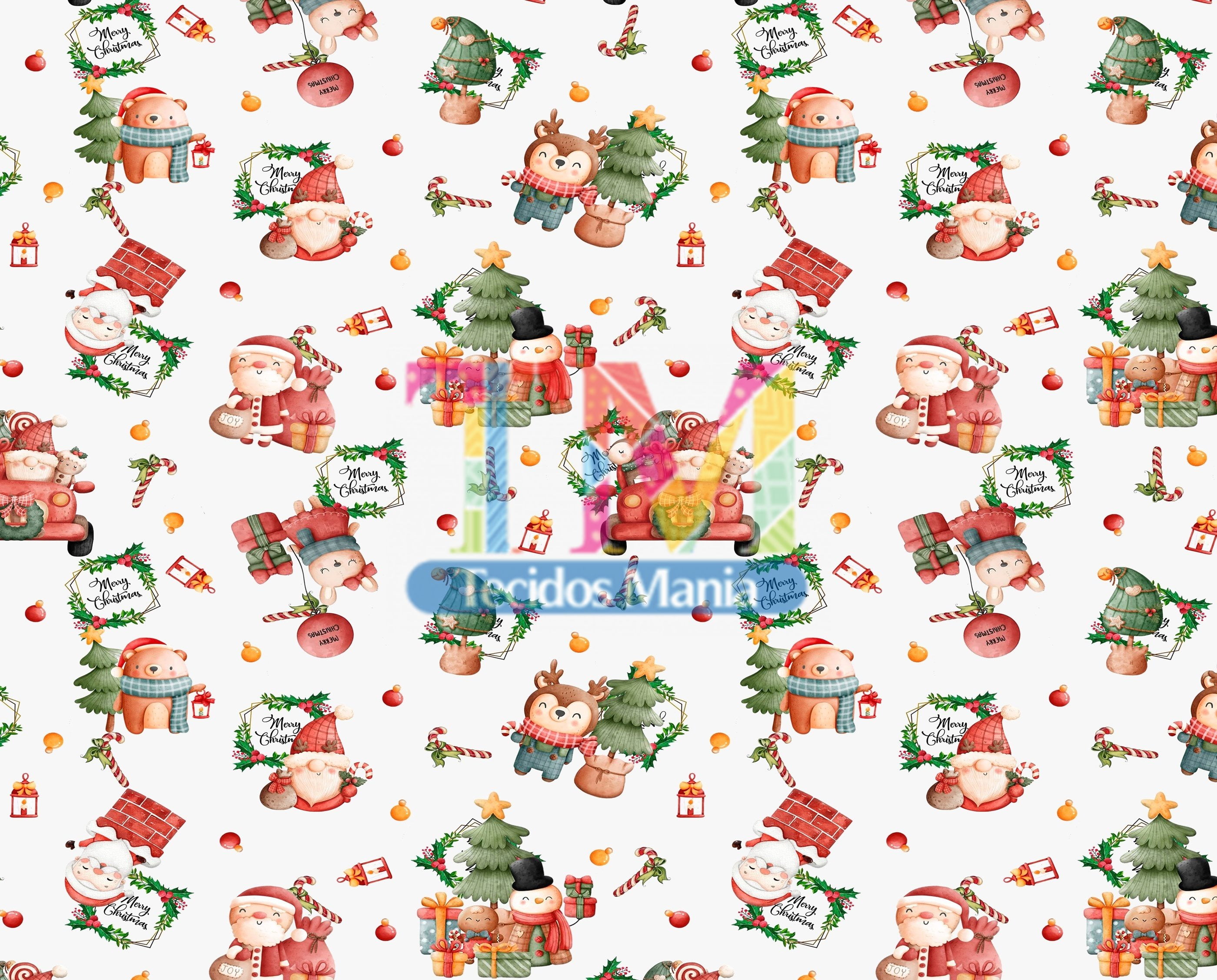 Tecido tricoline, microfibra ou gabardine estampado - Papai Noel e seus bichinhos - aquarela - fundo branco