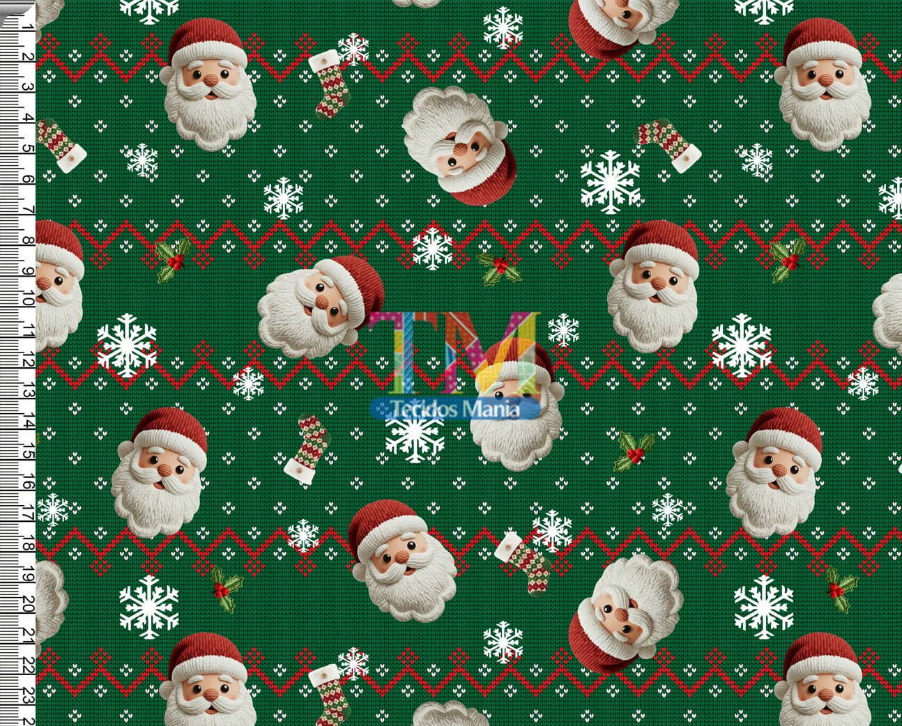 Tecido tricoline, microfibra ou gabardine estampado - Papai Noel - Tricô Verde - Bordado - 3D