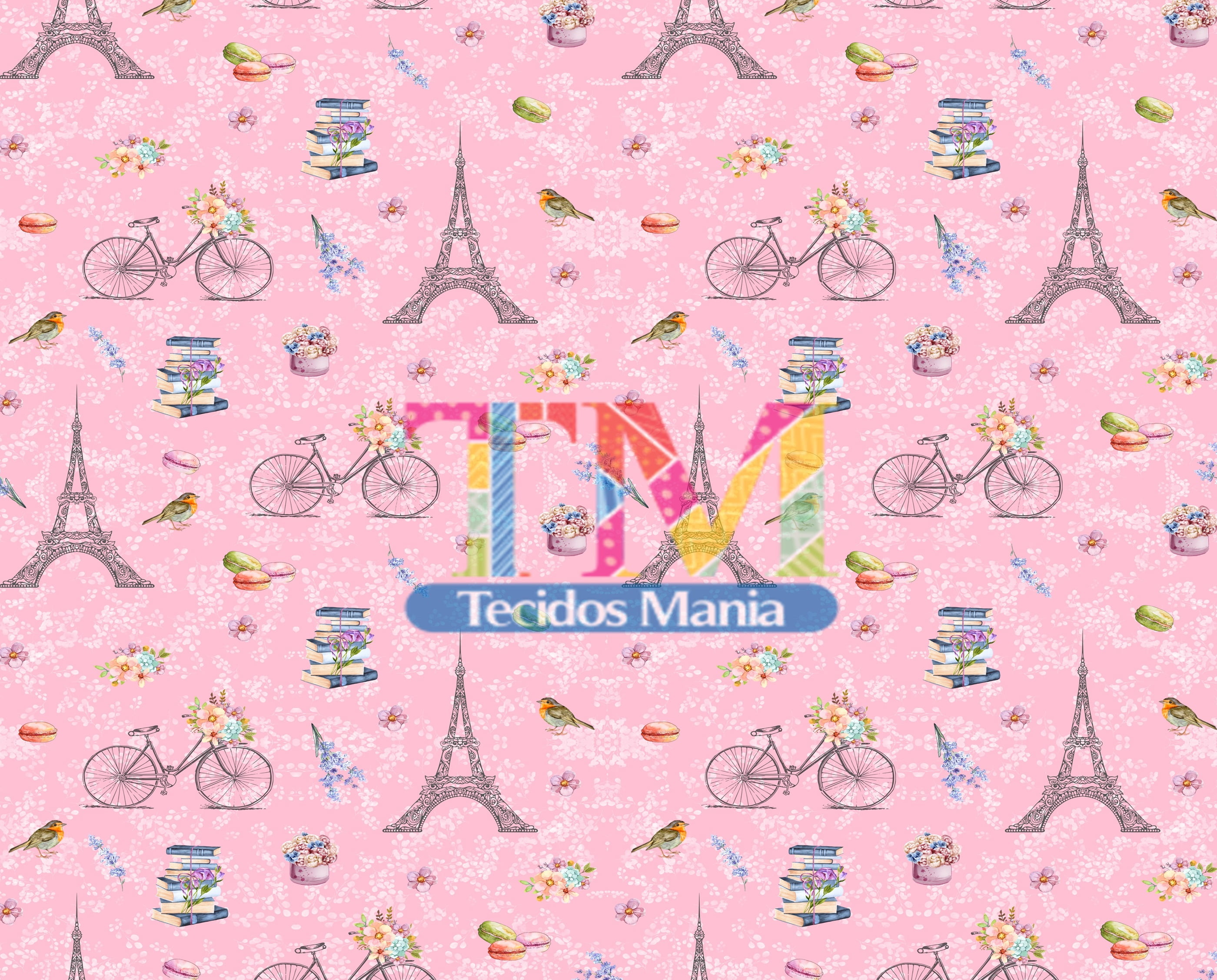 Tecido tricoline, microfibra ou gabardine estampado - Paris - Fundo Rosa