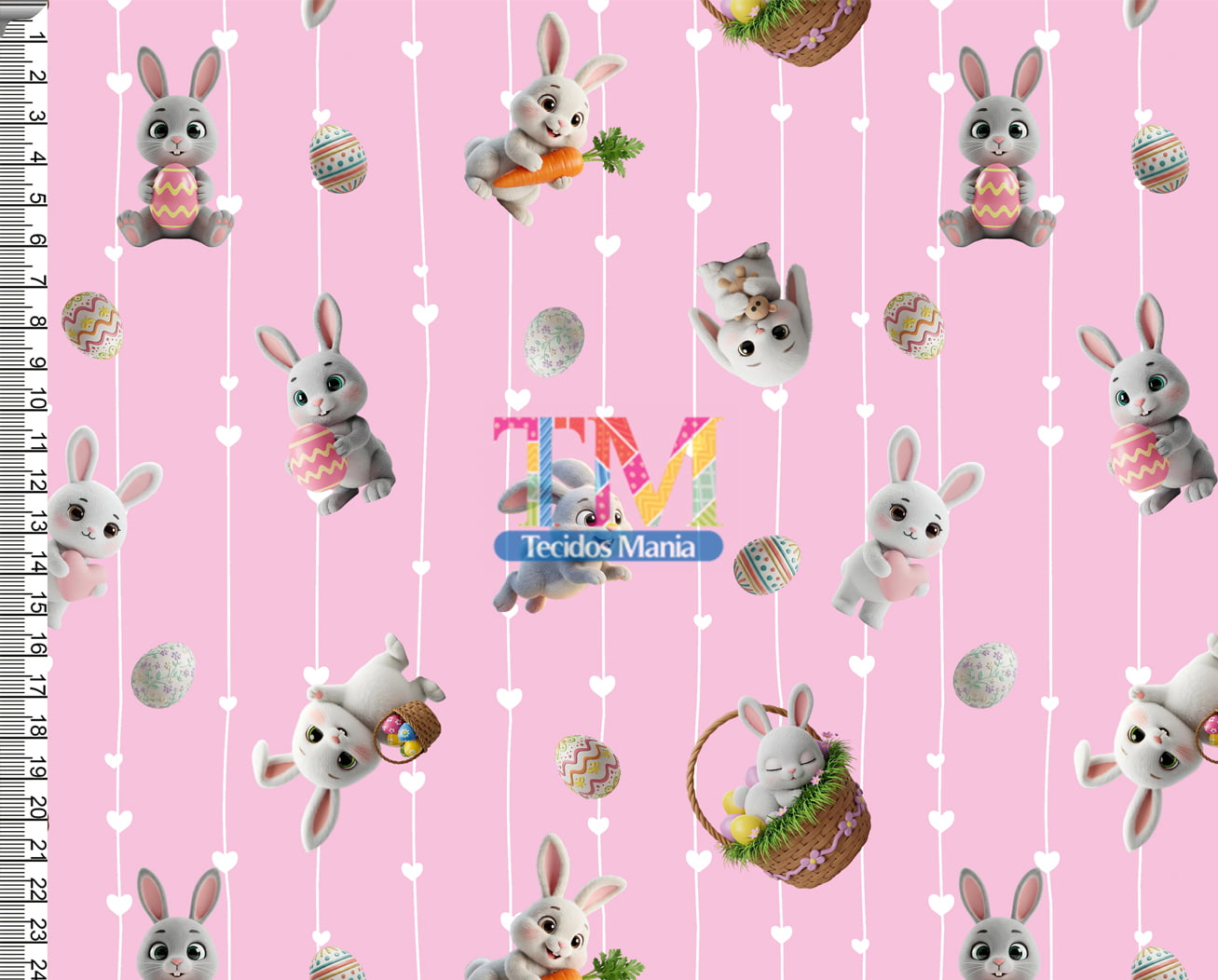 Tecido tricoline, microfibra ou gabardine estampado - Páscoa - coelho - ovos - fundo rosa