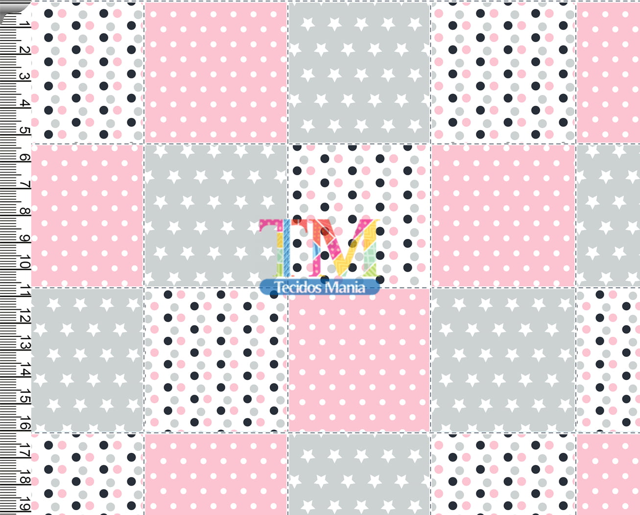 Tecido tricoline, microfibra ou gabardine estampado -  Patchwork - cinza e rosa