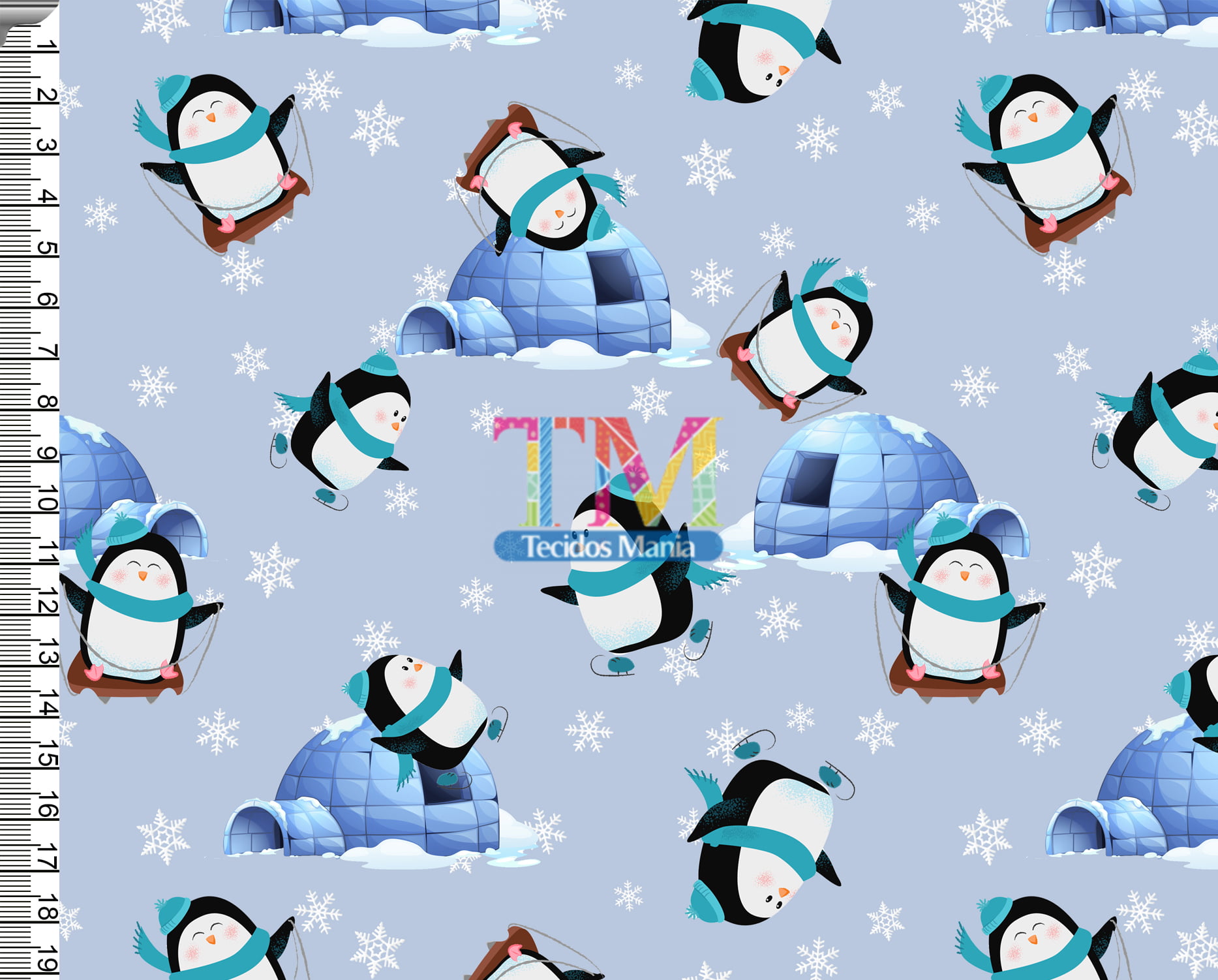 Tecido tricoline, microfibra ou gabardine estampado - Pinguins na neve - fundo azul
