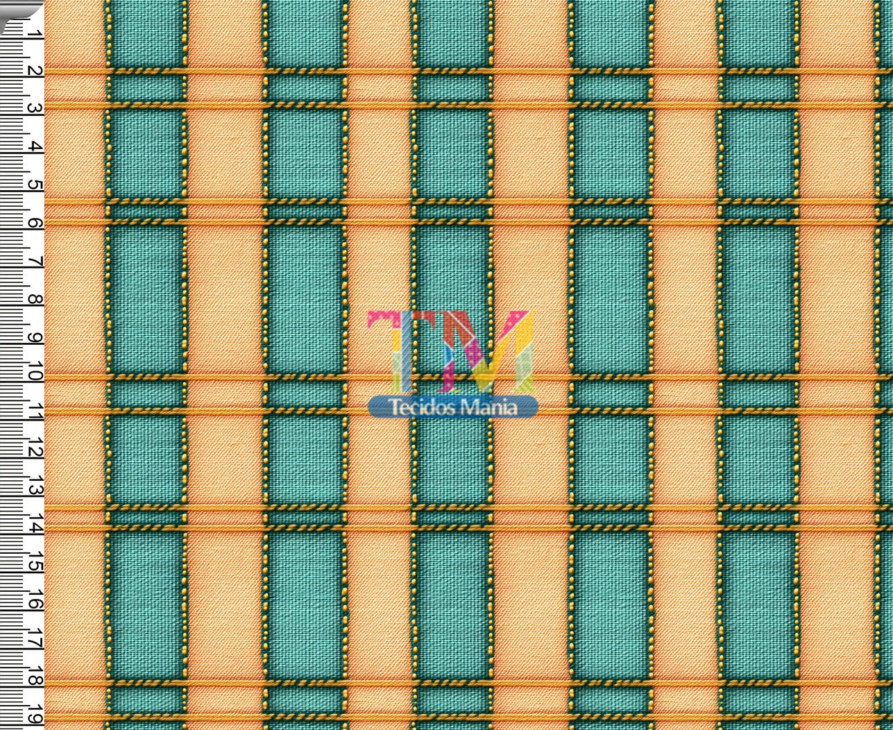 Tecido tricoline, microfibra ou gabardine estampado - Quadriculado - laranja e verde