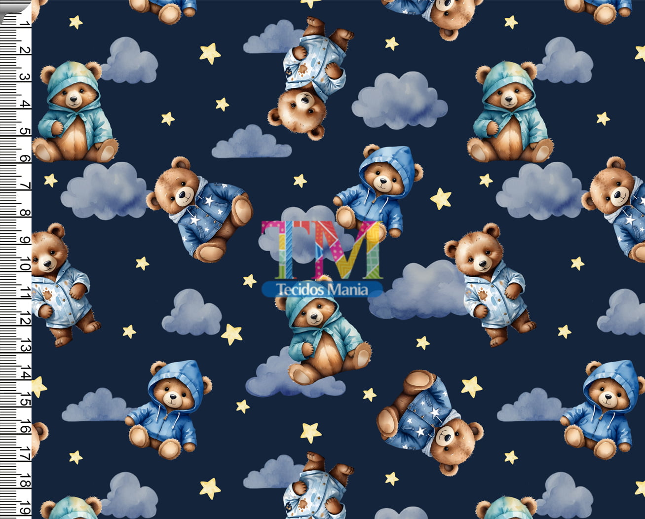 Tecido tricoline, microfibra ou gabardine estampado - Ursinho de Roupinha - Nuvens - Fundo Azul