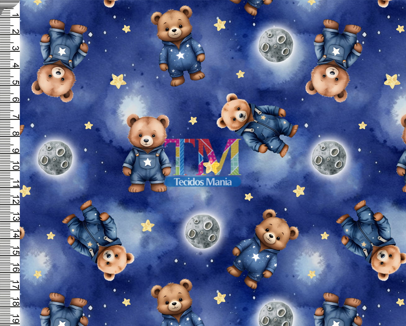 Tecido tricoline, microfibra ou gabardine estampado - Ursinho - Estrelas - Fundo Galáxia