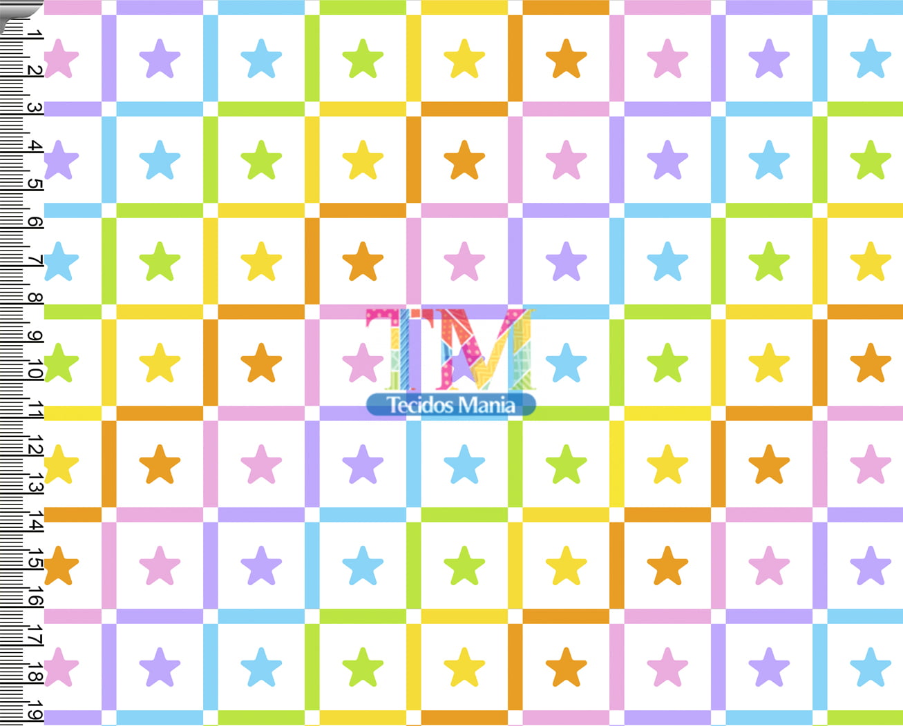 Tecido tricoline, microfibra ou gabardine estampado - Xadrez color - estrela - fundo branco