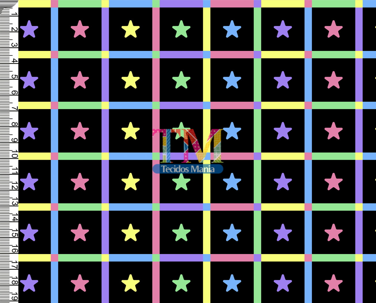 Tecido tricoline, microfibra ou gabardine estampado - Xadrez color - estrela - fundo preto