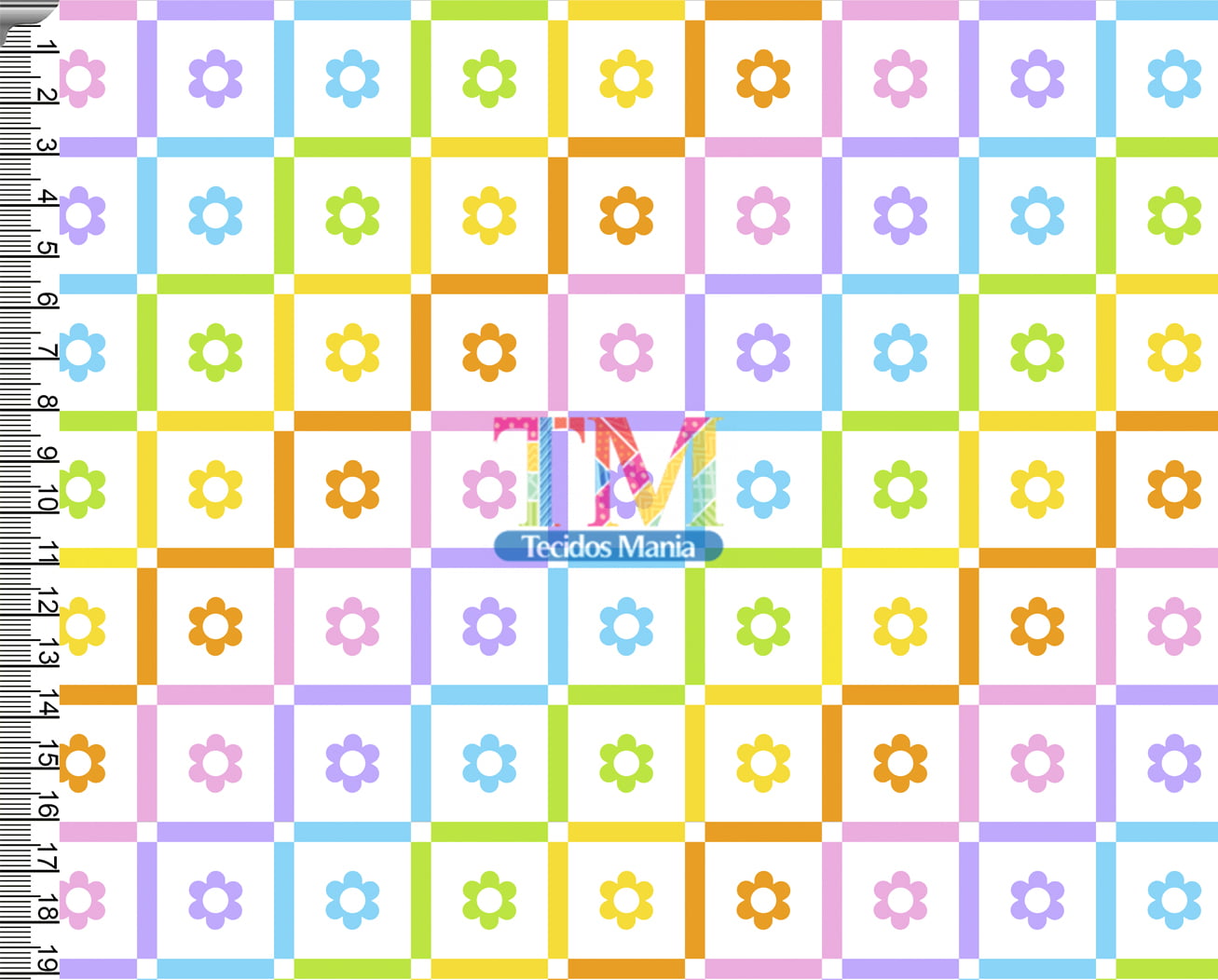 Tecido tricoline, microfibra ou gabardine estampado -  Xadrez color - florzinha - fundo branco