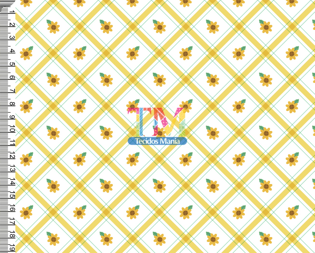 Tecido tricoline, microfibra ou gabardine estampado - Xadrez lateral - margarida - fundo branco