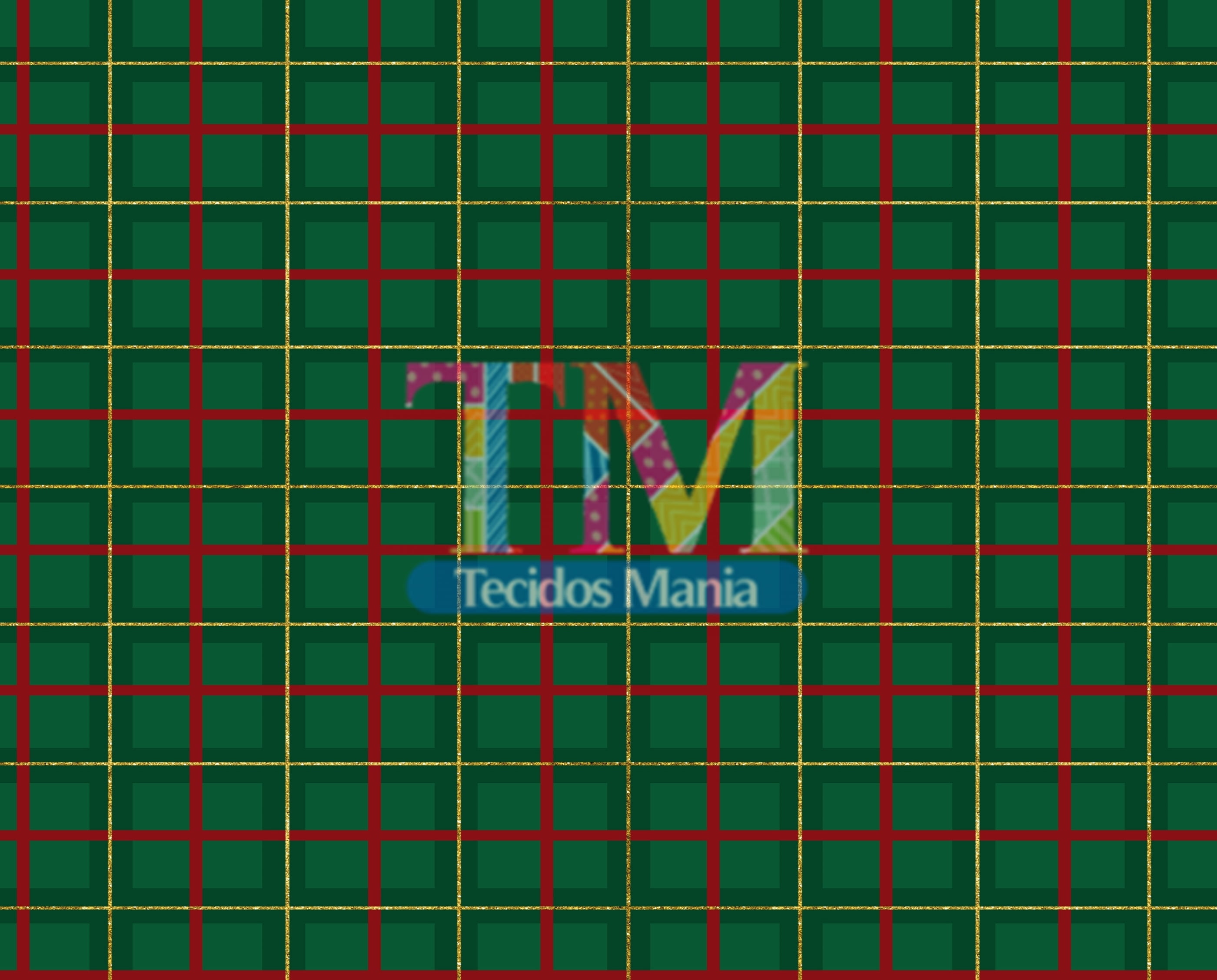 Tecido tricoline, microfibra ou gabardine estampado - Xadrez - verde com dourado