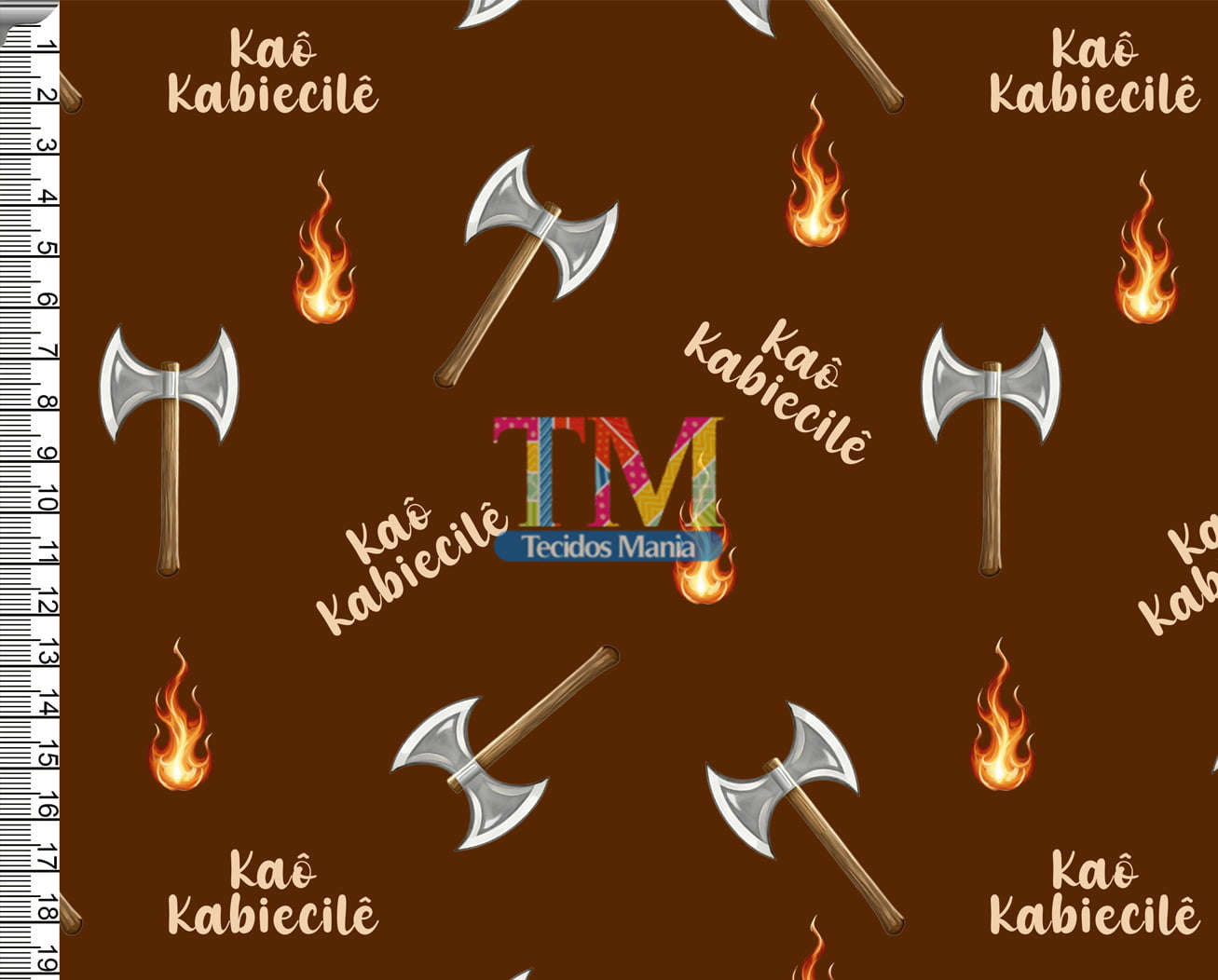 Tecido tricoline, microfibra ou gabardine estampado - Xangô - Kaô Kabiecilê - Fundo Marrom