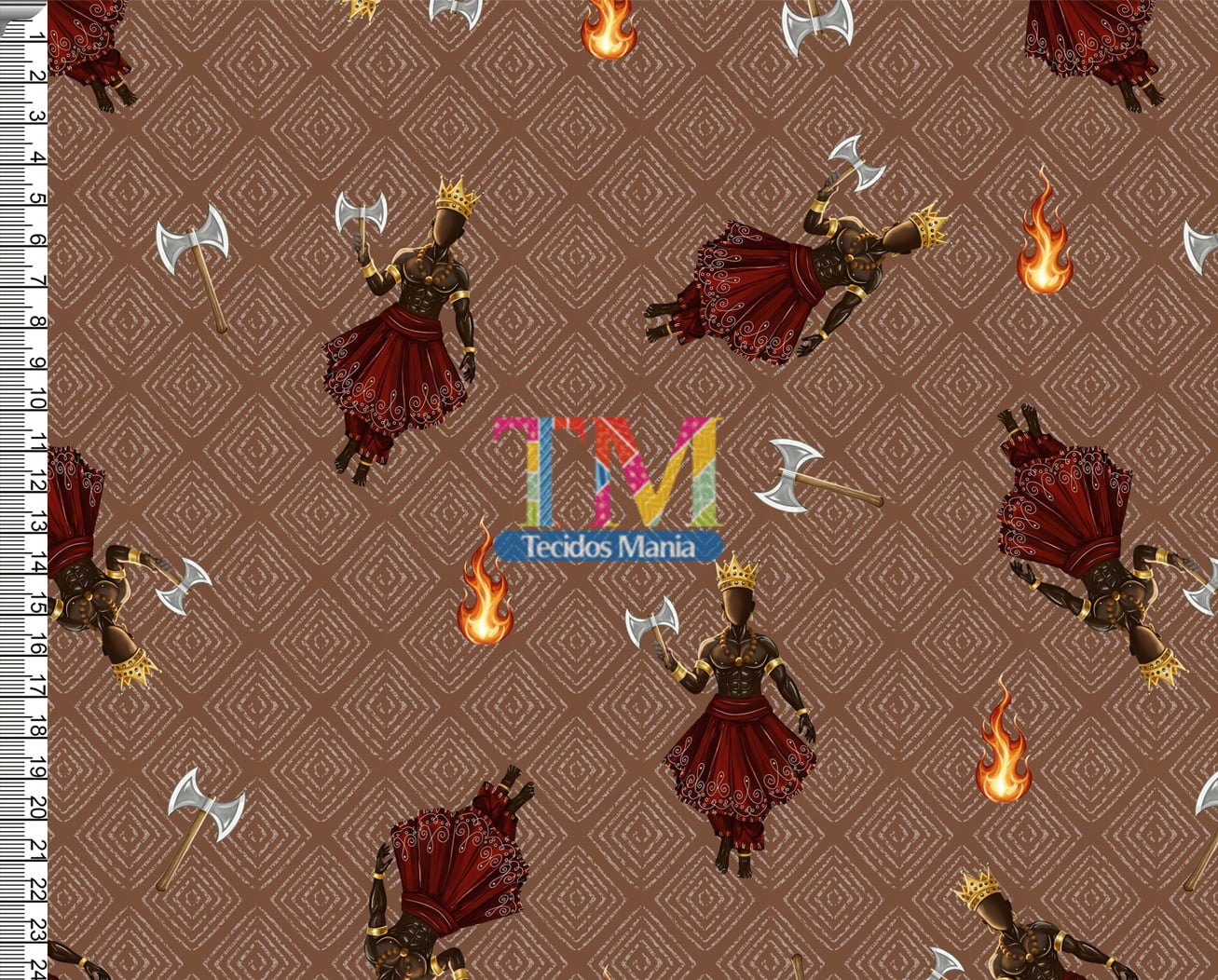 Tecido tricoline, microfibra ou gabardine estampado - Xangô - Machado - Fundo Marrom