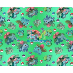 Tecido Pokemon Bulbasaur Fundo Azul 140 cm X 150 cm.
