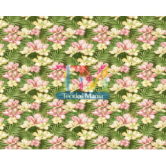 Sintético doll estampado  - Flores tropicais - fundo verde 