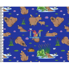 Tecido tricoline, microfibra ou gabardine estampado - Capivara - fundo azul marinho - Cópia (1)