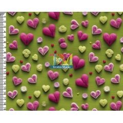 Tecido tricoline, microfibra ou gabardine estampado - Corações rosa - fundo verde - 3d