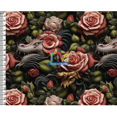 Tecido tricoline, microfibra ou gabardine estampado - Floral - dragão - 3D  