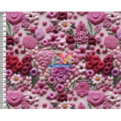 Tecido tricoline, microfibra ou gabardine estampado - Floral - Laura - bordado - 3d