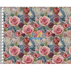 Tecido tricoline, microfibra ou gabardine estampado - Floral rosas - Bia - bordado 3D