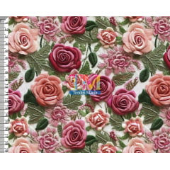 Tecido tricoline, microfibra ou gabardine estampado - Floral - Rosas - cor de rosa - Bordado 3D