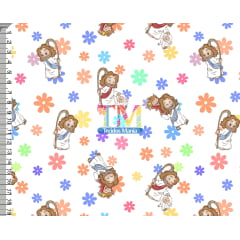 Tecido tricoline, microfibra ou gabardine estampado - Jesus - flores - Ele Vive - fundo branco