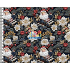 Tecido tricoline, microfibra ou gabardine estampado -  Papai noel - flores brancas - 3D 