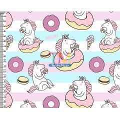 Tecido tricoline, microfibra ou gabardine estampado  - Unicórnio - Donuts - fundo ondas coloridas