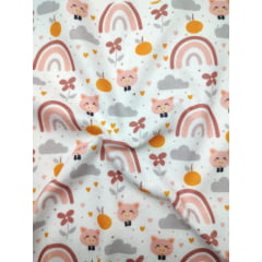 Tecido Soft estampado - Porquinho - Arco íris