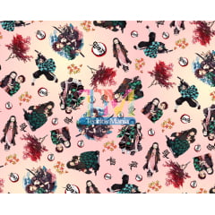 Tecido Oxford Estampa Digital -Demon Slayer - Nezuko e Tanjiro - Fundo Rosa