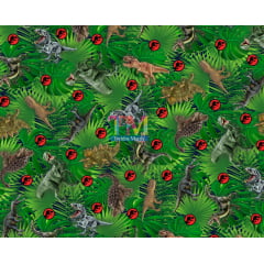 Tecido Oxford Estampa Digital - Jurassic World - Dinossauros - Fundo Verde
