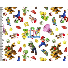 Tecido Oxford Estampa Digital - Mario Bros e Sua Turma - Fundo Branco