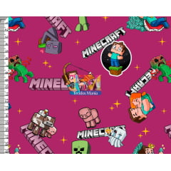 Tecido Oxford Estampa Digital - Minecraft e Seus Amigos - Fundo Rosa