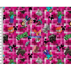 Tecido Oxford Estampa Digital - Minecraft - Fundo Rosa
