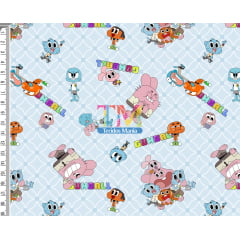 Tecido Oxford Estampa Digital - O Incrível Mundo de Gumball - Fundo Azul