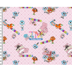 Tecido Oxford Estampa Digital - O Incrível Mundo de Gumball - Fundo Rosa