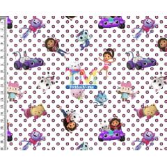 Tecido Oxford Estampa Digital - A Casa Magica de Gabby - Fundo Bolinhas Rosa Tecido Oxford Estampa Digital - A Casa Magica de Gabby - Fundo Bolinhas Rosa