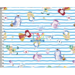 Tecido Oxford Estampa Digital - Alice No Pais Das Maravilhas - Fundo Listras Azul
