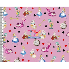 Tecido Oxford Estampa Digital - Alice No Pais Das Maravilhas - Fundo Rosa