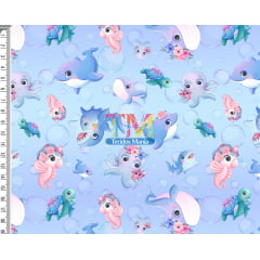 Tecido Oxford Estampa Digital - Animais Marinhos Baby - Fundo Azul