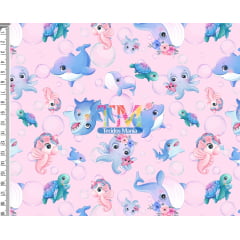 Tecido Oxford Estampa Digital - Animais Marinhos Baby - Fundo Rosa
