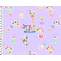 Tecido Oxford Estampa Digital - Boneca Metoo Doll - Arco Iris - Fundo Lilás