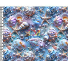 Tecido Oxford Estampa Digital - Conchas e Pérolas - Azul - 3D