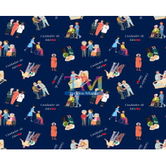 Tecido Oxford Estampa Digital - Cuidador de idosos -Love - Fundo Azul
