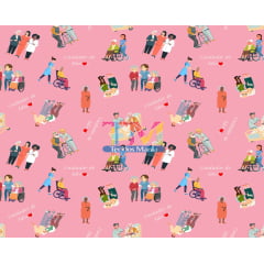 Tecido Oxford Estampa Digital - Cuidador de idosos - Love - Fundo Rosa